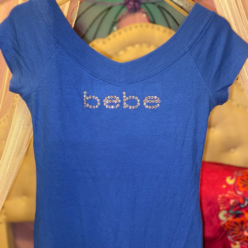 Y2K Rhinestone Bebe cobalt blue V-neck off the shoulder ribbed top
